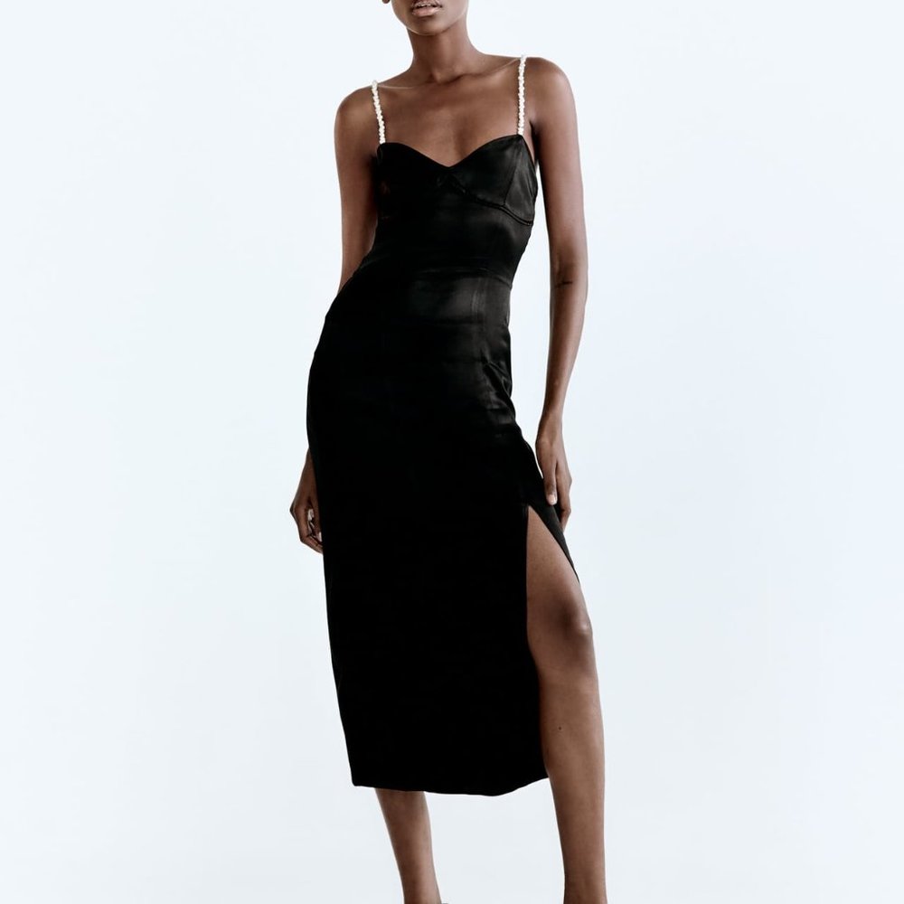 Zara Satin Effect Pearl Strap Midi Dress